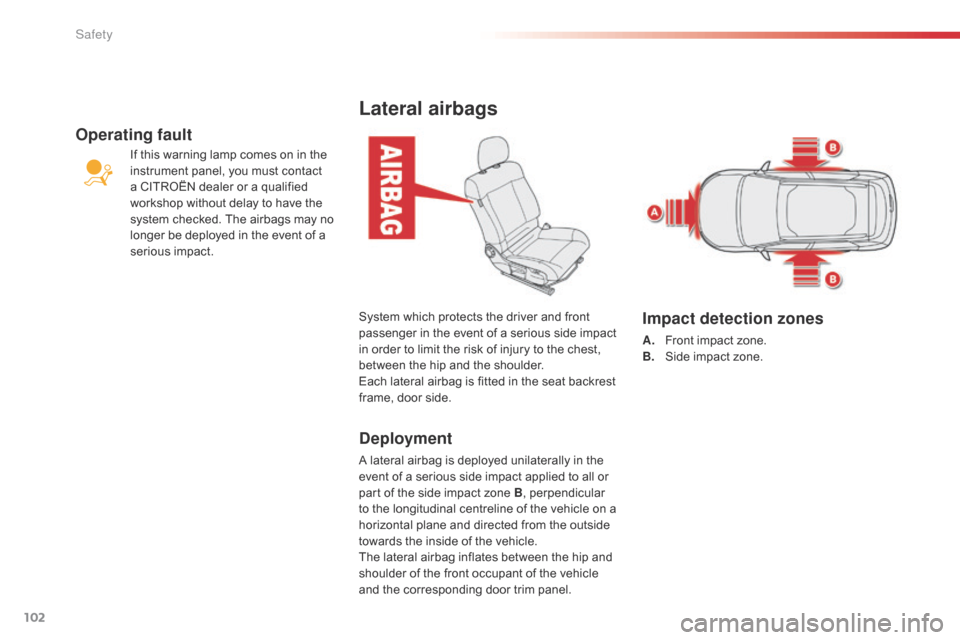 Citroen C4 CACTUS 2016 1.G Owners Manual 102
Lateral airbags
Deployment
A lateral airbag is deployed unilaterally in the event  of  a  serious  side  impact  applied  to  all  or Â
p
art  of  the  side  im Citroen C4 CACTUS 2016 1.G Owners Manual 102
Lateral airbags
Deployment
A lateral airbag is deployed unilaterally in the event  of  a  serious  side  impact  applied  to  all  or Â
p
art  of  the  side  im