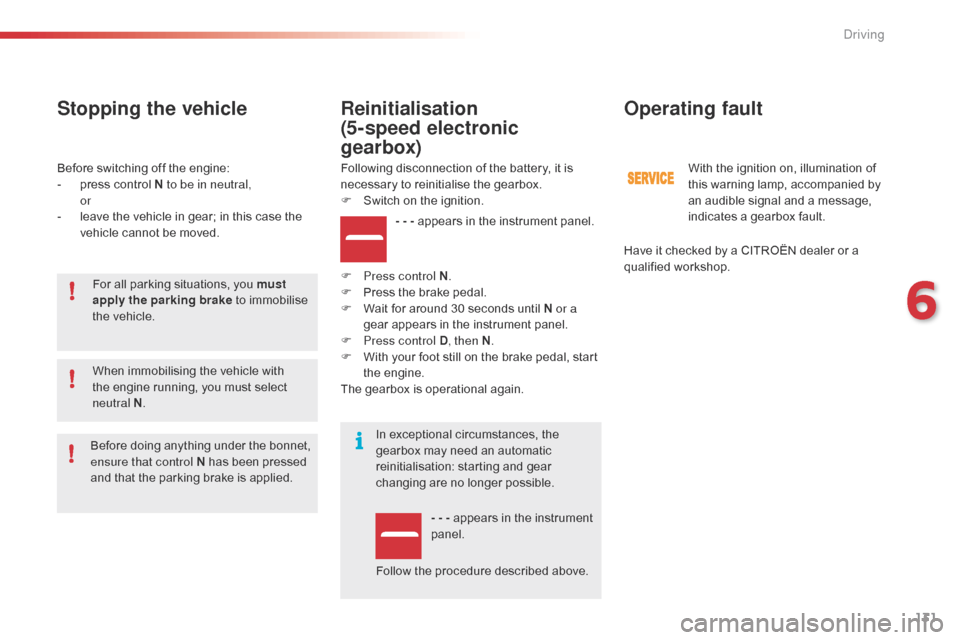Citroen C4 CACTUS 2016 1.G User Guide 131
Before switching off the engine:
- p ress control N to be in neutral,
or
-
l
eave the vehicle in gear; in this case the
v
ehicle cannot be m Citroen C4 CACTUS 2016 1.G User Guide 131
Before switching off the engine:
- p ress control N to be in neutral,
or
-
l
eave the vehicle in gear; in this case the
v
ehicle cannot be m