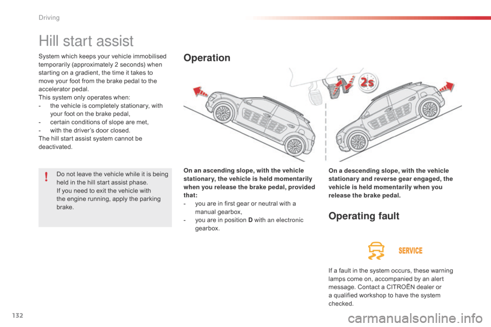 Citroen C4 CACTUS 2016 1.G Owners Manual 132
Hill start assist
System which keeps your vehicle immobilised temporarily   (approximately   2   seconds)   when  
s

tarting   on   a   gradient,   the   time   it   takes   to