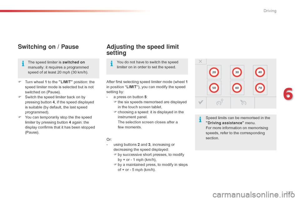 Citroen C4 CACTUS 2016 1.G Owners Guide 137
Switching on / Pause
F Turn wheel 1 to the "LIMIT" position: the s
peed limiter mode is selected but is not
s
witched on (Pause).
F
S
witch the speed Citroen C4 CACTUS 2016 1.G Owners Guide 137
Switching on / Pause
F Turn wheel 1 to the "LIMIT" position: the s
peed limiter mode is selected but is not
s
witched on (Pause).
F
S
witch the speed