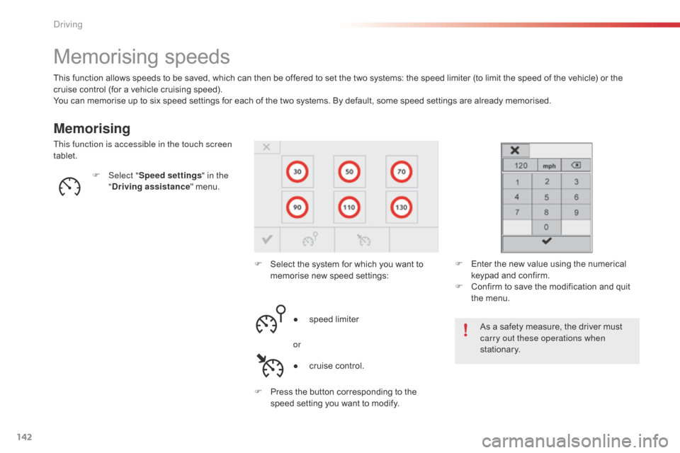 Citroen C4 CACTUS 2016 1.G Owners Guide 142
Memorising speeds
Memorising
This function allows speeds to be saved, which can then be offered to set the two systems: the speed limiter (to limit the speed of the vehi Citroen C4 CACTUS 2016 1.G Owners Guide 142
Memorising speeds
Memorising
This function allows speeds to be saved, which can then be offered to set the two systems: the speed limiter (to limit the speed of the vehi