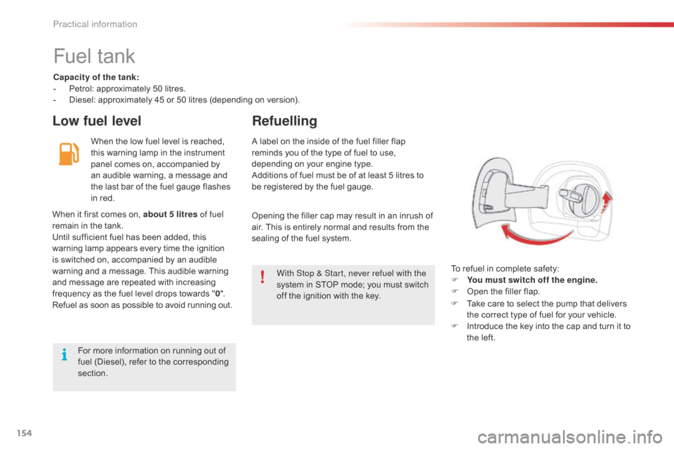 Citroen C4 CACTUS 2016 1.G User Guide 154
Fuel tank
Capacity of the tank:
- Pe trol: approximately 50 litres.
-
D
iesel: approximately 45 or 50 litres (depending on version).
Low fuel levelRefuelling Citroen C4 CACTUS 2016 1.G User Guide 154
Fuel tank
Capacity of the tank:
- Pe trol: approximately 50 litres.
-
D
iesel: approximately 45 or 50 litres (depending on version).
Low fuel levelRefuelling