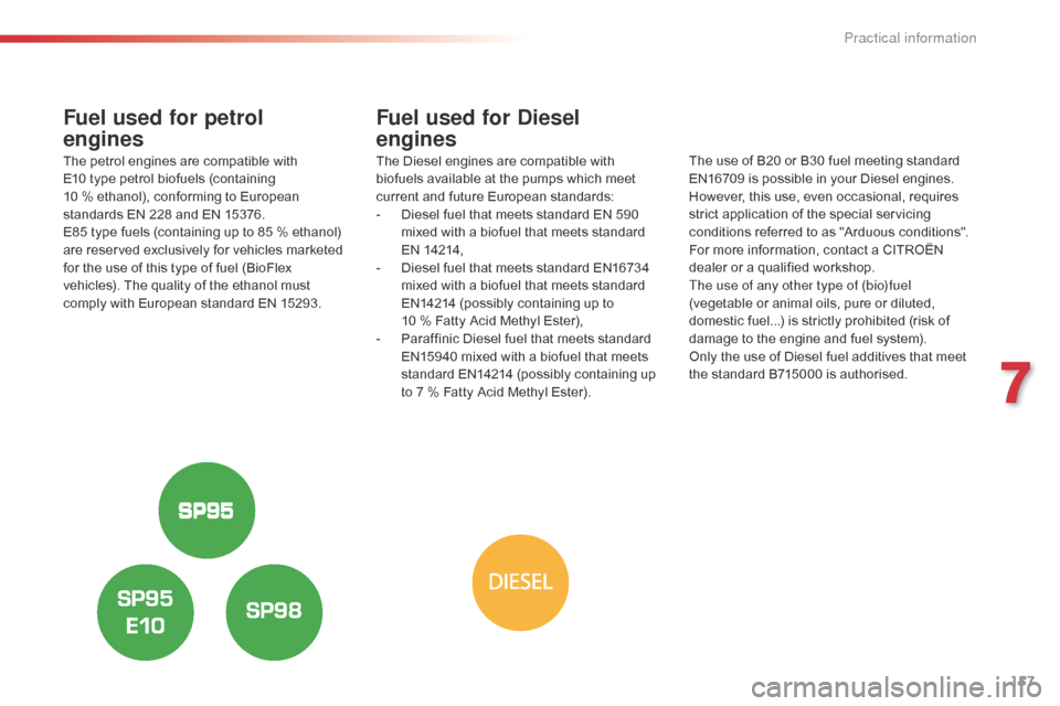 Citroen C4 CACTUS 2016 1.G Owners Manual 157
Fuel used for petrol  
engines
The petrol engines are compatible with E
10 type   petrol   biofuels   (containing  
1

0 % ethanol),   conforming   to   European  
s

tandards   