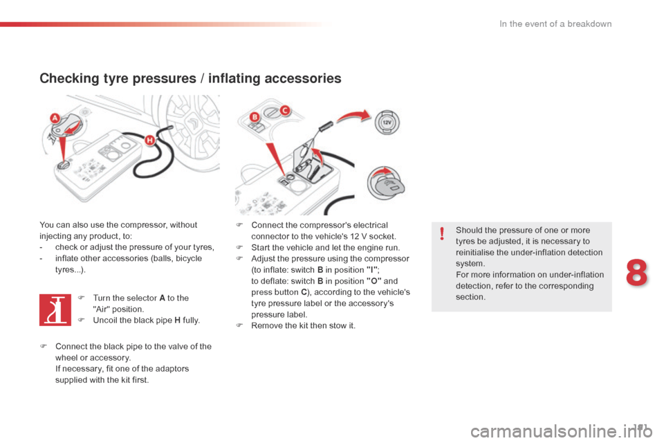 Citroen C4 CACTUS 2016 1.G Owners Guide 191
Checking tyre pressures / inflating accessories
You can also use the compressor, without injecting any product, to:
-
c
heck or adjust the pressure of your Citroen C4 CACTUS 2016 1.G Owners Guide 191
Checking tyre pressures / inflating accessories
You can also use the compressor, without injecting any product, to:
-
c
heck or adjust the pressure of your