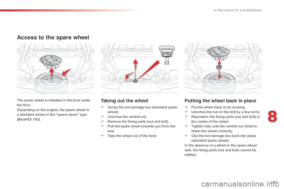 Citroen C4 CACTUS 2016 1.G Owners Manual 193
Taking out the wheel
F Unclip  the   tool   storage   box   (standard   spare  w
heel).
F
 
U
 nscrew   the   central   nut.
F
 
R
 emove   the   fixing   parts   (nut   and   b