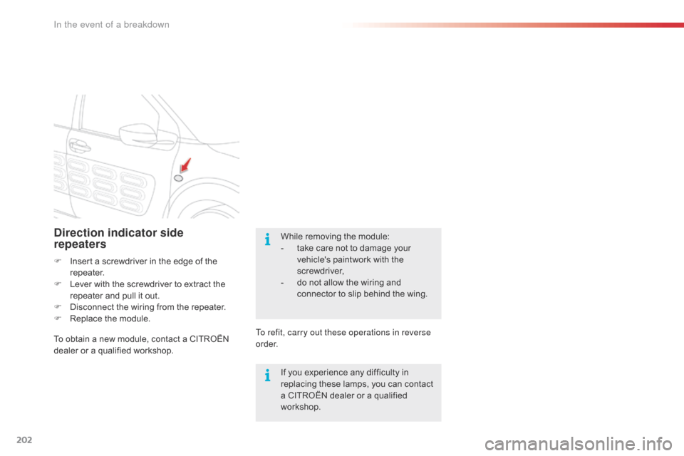 Citroen C4 CACTUS 2016 1.G Owners Manual 202
Direction indicator side  
repeaters
F Insert  a   screwdriver   in   the   edge   of   the  r
epeater.
F
 
L
 ever   with   the   screwdriver   to   extract   the  
r

epeater  