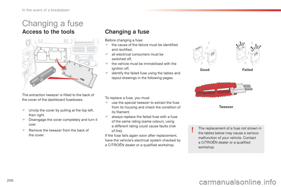 Citroen C4 CACTUS 2016 1.G Owners Manual 206
Before changing a fuse:
F  t he  cause  of  the  failure  must  be  identified Â
a
nd
 r
ectified,
F
Â
a
ll  electrical  consumers  must  be Â
s
witched off,
F
 Citroen C4 CACTUS 2016 1.G Owners Manual 206
Before changing a fuse:
F  t he  cause  of  the  failure  must  be  identified Â
a
nd
 r
ectified,
F
Â
a
ll  electrical  consumers  must  be Â
s
witched off,
F
Â