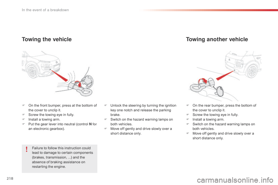 Citroen C4 CACTUS 2016 1.G Owners Manual 218
Towing another vehicle
F On  the   rear   bumper,   press   the   bottom   of  t
he   cover   to   unclip   it.
F
 
S
 crew   the   towing   eye   in   fully.
F
 
I
 nstall   