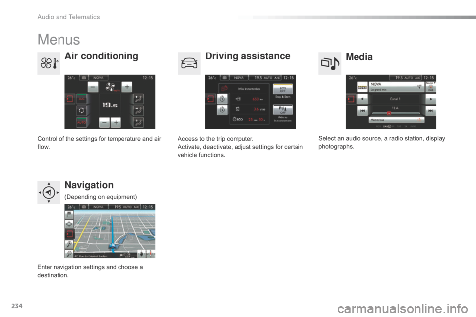 Citroen C4 CACTUS 2016 1.G Owners Manual 234
Menus
Media
Air conditioning
Driving assistance
Navigation
Select an audio source, a radio station, display pho tographs.
Control
Â
of
Â
the
Â
settings
Â
for
Â
temperature
Â
and
Â
a Citroen C4 CACTUS 2016 1.G Owners Manual 234
Menus
Media
Air conditioning
Driving assistance
Navigation
Select an audio source, a radio station, display pho tographs.
Control
Â
of
Â
the
Â
settings
Â
for
Â
temperature
Â
and
Â
a