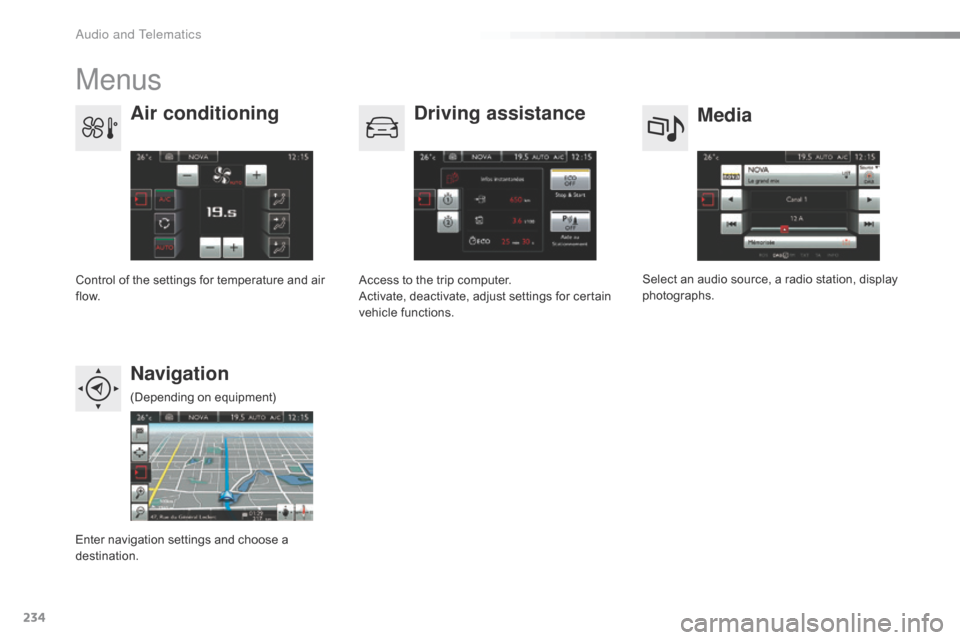 Citroen C4 CACTUS 2016 1.G Owners Guide 234
Menus
Media
Air conditioning
Driving assistance
Navigation
Select an audio source, a radio station, display pho tographs.
Control
 
of
 
the
 
settings
 
for
 
temperature
 
and
 
a