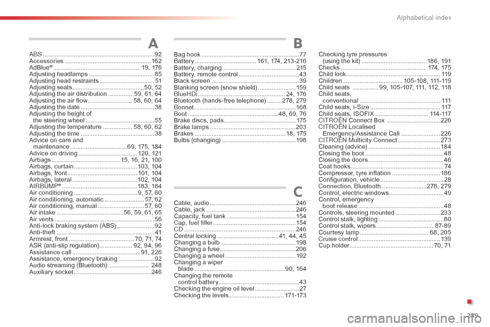 Citroen C4 CACTUS 2016 1.G Owners Manual 289
ABS .................................................................92
Accessories .............................. ....................162
AdBlue
® ............................... ............