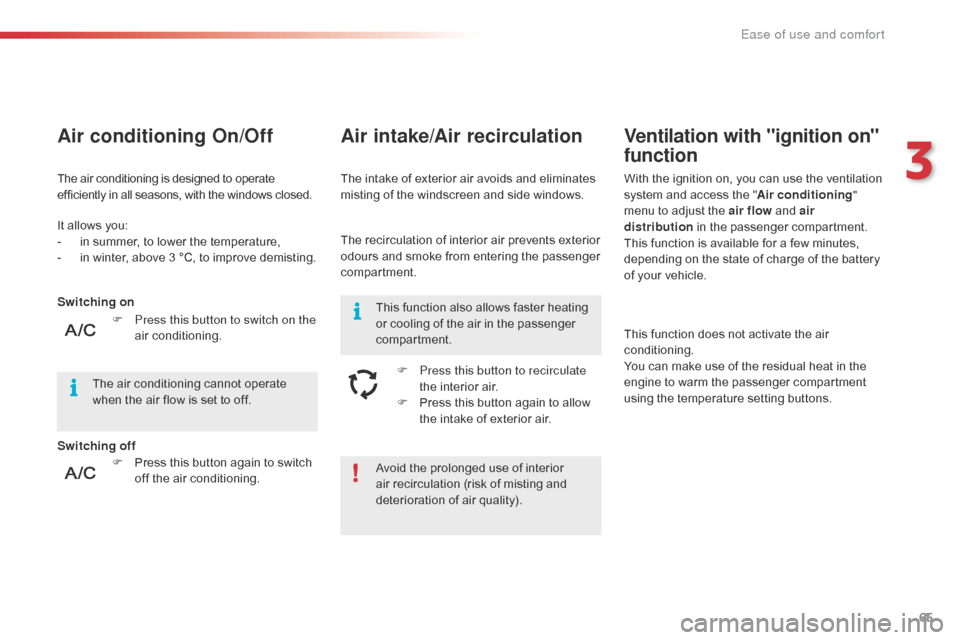 Citroen C4 CACTUS 2016 1.G Owners Manual 65
Avoid the prolonged use of interior air   recirculation   (risk   of   misting   and  
d

eterioration   of   air   quality).
It
 
allows
 
you:
-
 
i

n
 
summer,
 
to
 
lower