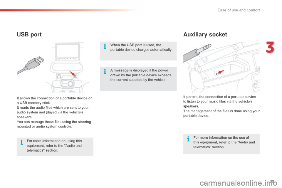 Citroen C4 CACTUS 2016 1.G Owners Manual 73
Auxiliary socket
USB port
When the USB port is used, the p
ortable   device   charges   automatically.
For
  more   information   on   the   use   of  
t

his   equipment,   refe