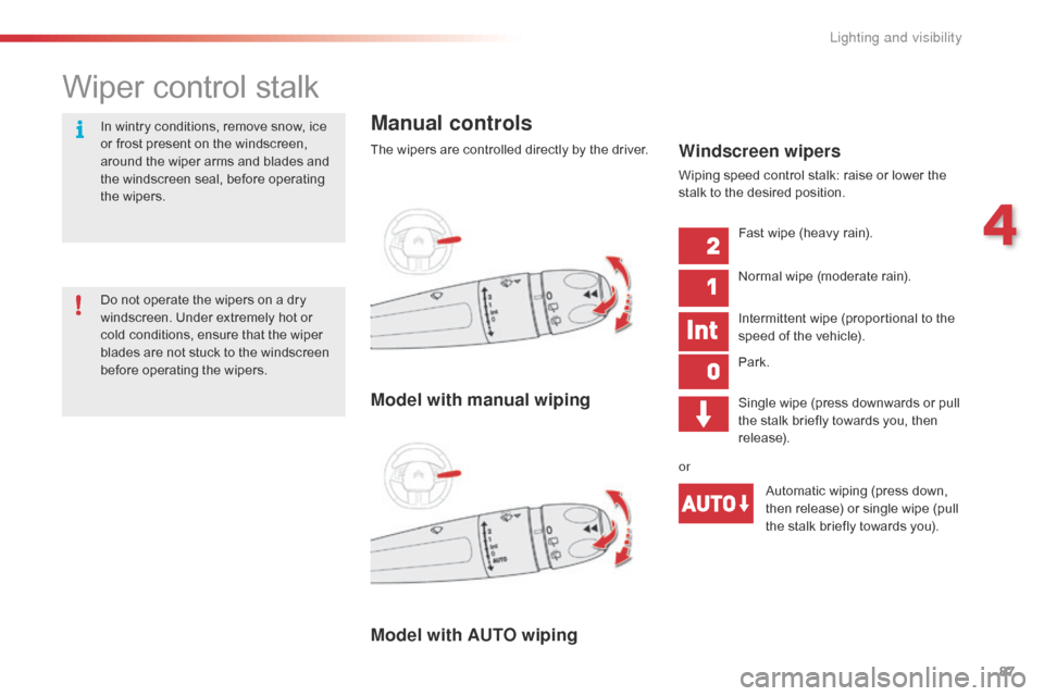 Citroen C4 CACTUS 2016 1.G Owners Guide 87
Wiper control stalk
Manual controls
The wipers are controlled directly by the driver.
Model with AUTO wiping Model with manual wipingWindscreen wipers
Wiping speed control stalk: raise Citroen C4 CACTUS 2016 1.G Owners Guide 87
Wiper control stalk
Manual controls
The wipers are controlled directly by the driver.
Model with AUTO wiping Model with manual wipingWindscreen wipers
Wiping speed control stalk: raise