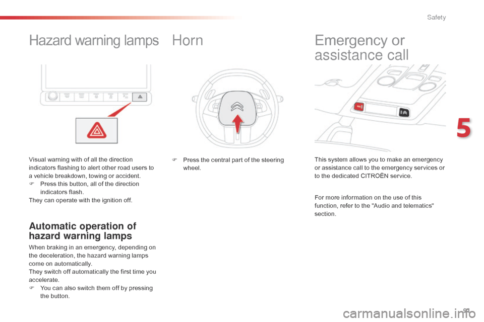 Citroen C4 CACTUS 2016 1.G Owners Manual 91
Hazard warning lamps
Visual warning with of all the direction i
ndicators  flashing  to  alert  other  road  users  to Â
a v
ehicle  breakdown,  towing  or  accide Citroen C4 CACTUS 2016 1.G Owners Manual 91
Hazard warning lamps
Visual warning with of all the direction i
ndicators  flashing  to  alert  other  road  users  to Â
a v
ehicle  breakdown,  towing  or  accide