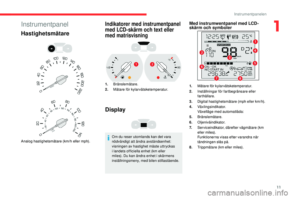 CITROEN BERLINGO VAN 2019 InstruktionsbÖcker (in Swedish) 11
Instrumentpanel
Hastighetsmätare
Analog hastighetsmätare (km/h eller mph).
Indikatorer med instrumentpanel
med LCD-skärm och text eller
med matrisvisning
1.Bränslemätare.
2. Mätare för kyl CITROEN BERLINGO VAN 2019 InstruktionsbÖcker (in Swedish) 11
Instrumentpanel
Hastighetsmätare
Analog hastighetsmätare (km/h eller mph).
Indikatorer med instrumentpanel
med LCD-skärm och text eller
med matrisvisning
1.Bränslemätare.
2. Mätare för kyl
