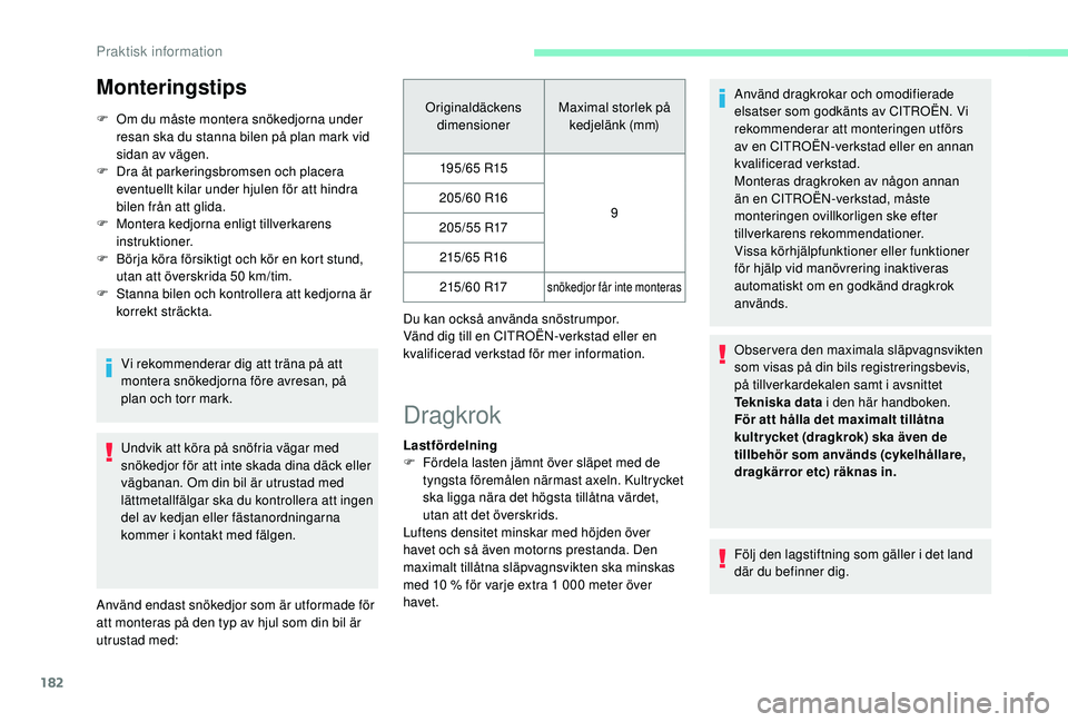 CITROEN BERLINGO VAN 2019 InstruktionsbÖcker (in Swedish) 182
Monteringstips
F Om du måste montera snökedjorna under resan ska du stanna bilen på plan mark vid
sidan av vägen.
F
D
ra åt parkeringsbromsen och placera
eventuellt kilar under hjulen f CITROEN BERLINGO VAN 2019 InstruktionsbÖcker (in Swedish) 182
Monteringstips
F Om du måste montera snökedjorna under resan ska du stanna bilen på plan mark vid
sidan av vägen.
F
D
ra åt parkeringsbromsen och placera
eventuellt kilar under hjulen f