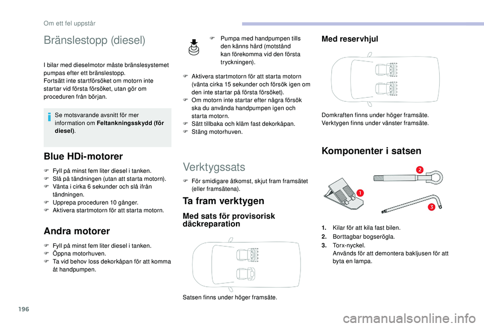 CITROEN BERLINGO VAN 2019 InstruktionsbÖcker (in Swedish) 196
Bränslestopp (diesel)
I bilar med dieselmotor måste bränslesystemet
pumpas efter ett bränslestopp.
Fortsätt inte startförsöket om motorn inte
startar vid första försöket, utan gör om CITROEN BERLINGO VAN 2019 InstruktionsbÖcker (in Swedish) 196
Bränslestopp (diesel)
I bilar med dieselmotor måste bränslesystemet
pumpas efter ett bränslestopp.
Fortsätt inte startförsöket om motorn inte
startar vid första försöket, utan gör om
