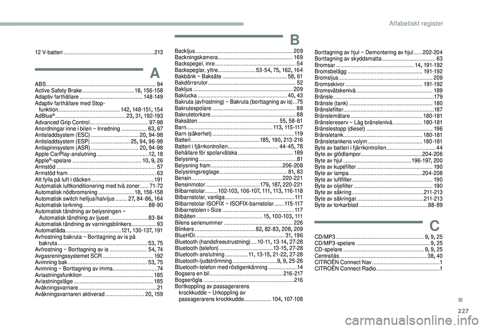 CITROEN BERLINGO VAN 2019 InstruktionsbÖcker (in Swedish) 227
12 V- bat ter i ...............................................................213
AABS ........................................................................\
.... 94
Active Safety Brake .... CITROEN BERLINGO VAN 2019 InstruktionsbÖcker (in Swedish) 227
12 V- bat ter i ...............................................................213
AABS ........................................................................\
.... 94
Active Safety Brake ....