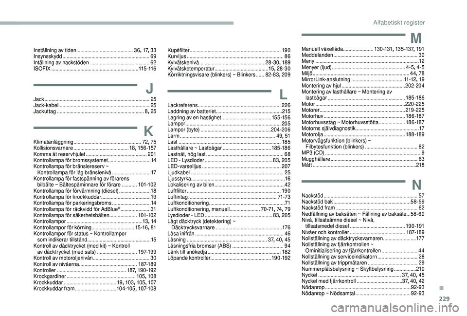 CITROEN BERLINGO VAN 2019 InstruktionsbÖcker (in Swedish) 229
Inställning av tiden .........................................36, 17, 33
I nsynsskydd ............................................................... 69
Intällning av nackstöden
......... CITROEN BERLINGO VAN 2019 InstruktionsbÖcker (in Swedish) 229
Inställning av tiden .........................................36, 17, 33
I nsynsskydd ............................................................... 69
Intällning av nackstöden
.........