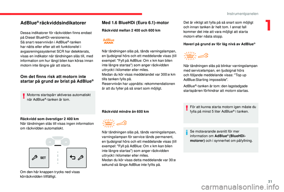 CITROEN BERLINGO VAN 2019 InstruktionsbÖcker (in Swedish) 31
AdBlue® räckviddsindikatorer
Dessa indikatorer för räckvidden finns endast
på Diesel BlueHDi-versionerna.
Så snart reser vnivån i AdBlue
®-tanken
har nåtts eller efter att ett funktionsf CITROEN BERLINGO VAN 2019 InstruktionsbÖcker (in Swedish) 31
AdBlue® räckviddsindikatorer
Dessa indikatorer för räckvidden finns endast
på Diesel BlueHDi-versionerna.
Så snart reser vnivån i AdBlue
®-tanken
har nåtts eller efter att ett funktionsf