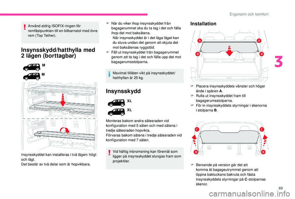 CITROEN BERLINGO VAN 2019 InstruktionsbÖcker (in Swedish) 69
Insynsskydd/hatthylla med
2 lägen (borttagbar)
M
M
Insynsskyddet kan installeras i två lägen: högt
och lågt.
Det består av två delar som är hopvikbara. Använd aldrig ISOFIX-ringen för
CITROEN BERLINGO VAN 2019 InstruktionsbÖcker (in Swedish) 69
Insynsskydd/hatthylla med
2 lägen (borttagbar)
M
M
Insynsskyddet kan installeras i två lägen: högt
och lågt.
Det består av två delar som är hopvikbara. Använd aldrig ISOFIX-ringen för