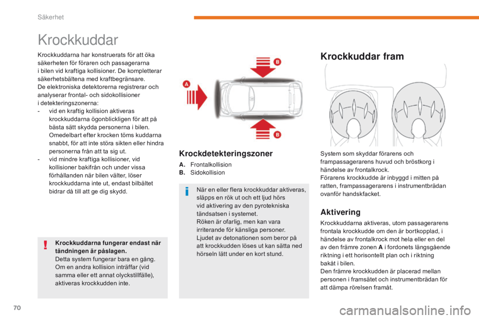 CITROEN C-ZERO 2017 InstruktionsbÖcker (in Swedish) 70
C-Zero_sv_Chap05_securite_ed01-2016
Krockkuddar
Krockkuddarna har konstruerats för att öka
säkerheten för föraren och passagerarna
i bilen vid kraftiga kollisioner. De kompletterar
säkerh CITROEN C-ZERO 2017 InstruktionsbÖcker (in Swedish) 70
C-Zero_sv_Chap05_securite_ed01-2016
Krockkuddar
Krockkuddarna har konstruerats för att öka
säkerheten för föraren och passagerarna
i bilen vid kraftiga kollisioner. De kompletterar
säkerh