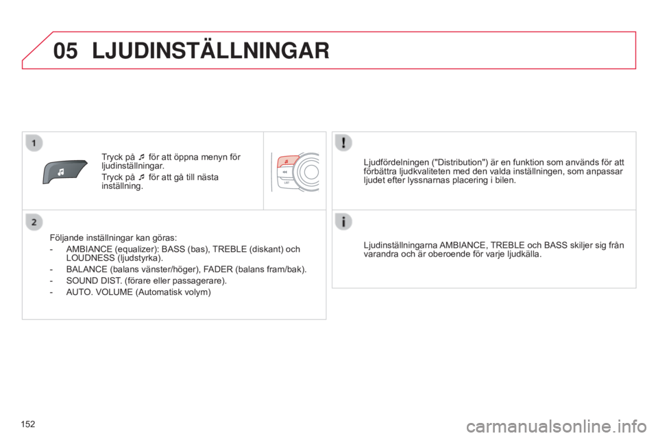 CITROEN C-ZERO 2016 InstruktionsbÖcker (in Swedish) 05
152
C-zero_sv_Chap11b_RDE2_ed01-2014
Tryck på ¯ för att öppna menyn för
ljudinställningar.
Tryck på ¯ för att gå till nästa
inställning.
Följande inställningar kan göras:
-
AMBIA CITROEN C-ZERO 2016 InstruktionsbÖcker (in Swedish) 05
152
C-zero_sv_Chap11b_RDE2_ed01-2014
Tryck på ¯ för att öppna menyn för
ljudinställningar.
Tryck på ¯ för att gå till nästa
inställning.
Följande inställningar kan göras:
-
AMBIA