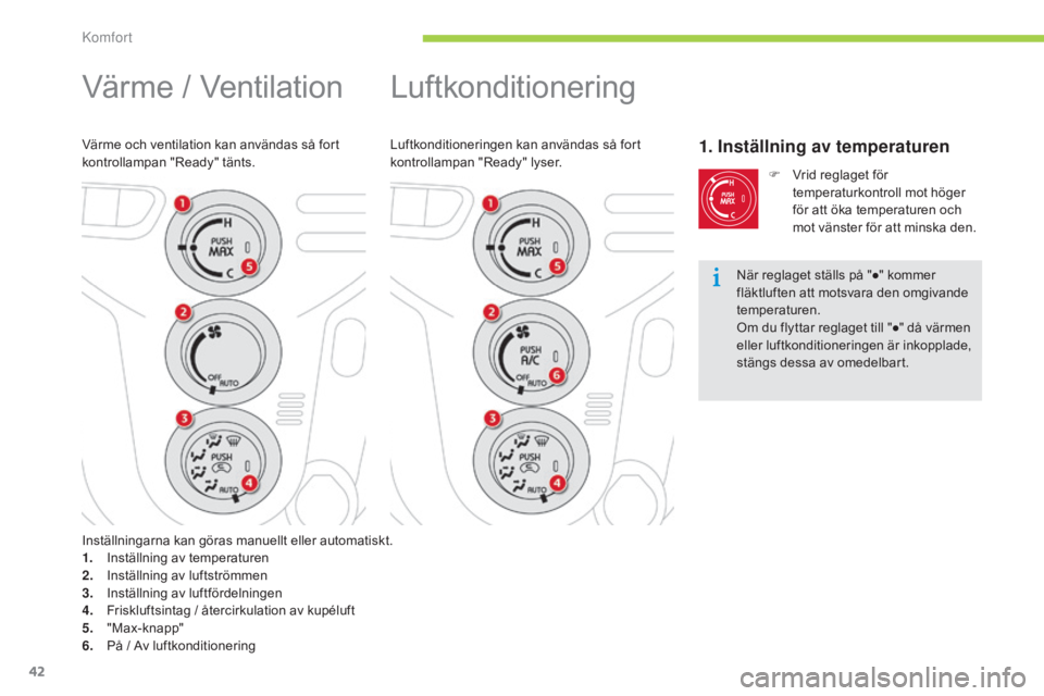CITROEN C-ZERO 2016 InstruktionsbÖcker (in Swedish) 42
C-zero_sv_Chap03_confort_ed01-2014
Luftkonditionering
Luftkonditioneringen kan användas så fort
kontrollampan "Ready" lyser.1. Inställning av temperaturen
F Vrid reglaget för temperatu CITROEN C-ZERO 2016 InstruktionsbÖcker (in Swedish) 42
C-zero_sv_Chap03_confort_ed01-2014
Luftkonditionering
Luftkonditioneringen kan användas så fort
kontrollampan "Ready" lyser.1. Inställning av temperaturen
F Vrid reglaget för temperatu