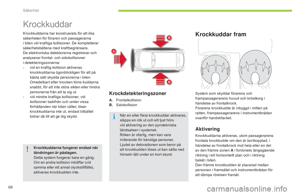 CITROEN C-ZERO 2016 InstruktionsbÖcker (in Swedish) 68
C-zero_sv_Chap06_securite_ed01-2014
Krockkuddar
Krockkuddarna har konstruerats för att öka
säkerheten för föraren och passagerarna
i bilen vid kraftiga kollisioner. De kompletterar
säkerh CITROEN C-ZERO 2016 InstruktionsbÖcker (in Swedish) 68
C-zero_sv_Chap06_securite_ed01-2014
Krockkuddar
Krockkuddarna har konstruerats för att öka
säkerheten för föraren och passagerarna
i bilen vid kraftiga kollisioner. De kompletterar
säkerh