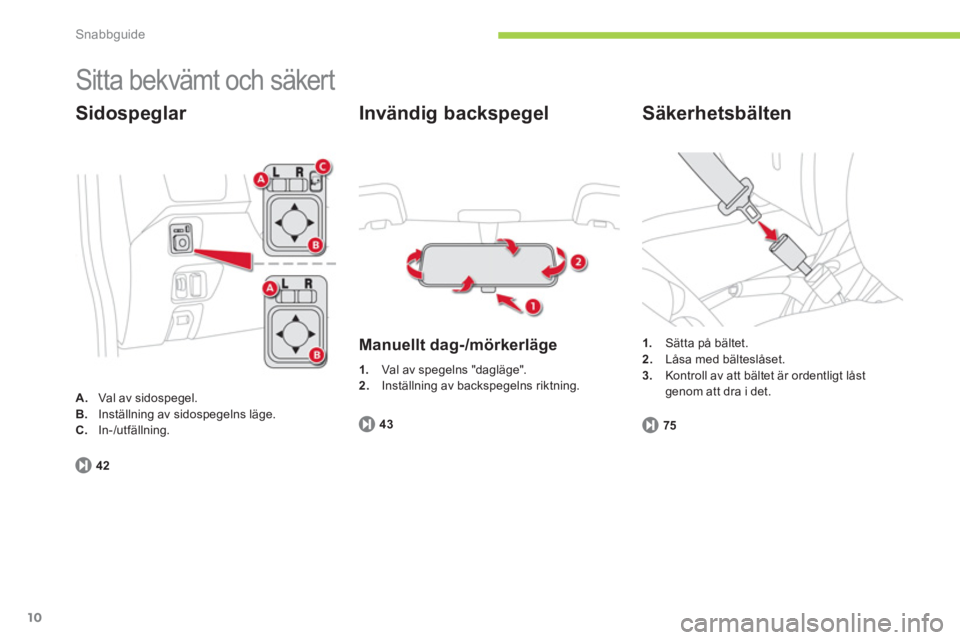 CITROEN C-ZERO 2014 InstruktionsbÖcker (in Swedish) Snabbguide
10
Sitta bekvämt och säkert
Sidospeglar
A.
Val av sidospegel. B.Inställning av sidospegelns läge.
C.In-/utfällning.
42
Invändig backspegel
Manuellt dag-/mörkerläge
CITROEN C-ZERO 2014 InstruktionsbÖcker (in Swedish) Snabbguide
10
Sitta bekvämt och säkert
Sidospeglar
A.
Val av sidospegel. B.Inställning av sidospegelns läge.
C.In-/utfällning.
42
Invändig backspegel
Manuellt dag-/mörkerläge