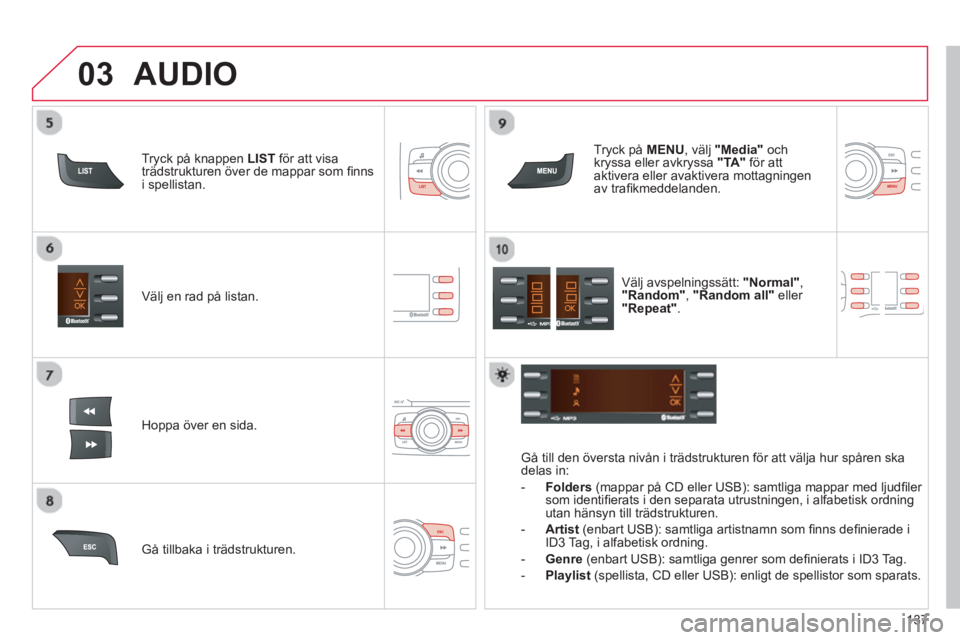 CITROEN C-ZERO 2014 InstruktionsbÖcker (in Swedish) 03
137
Välj en rad på listan.
Hoppa över en sida.
Tr
yck på MENU
, välj "Media"
ochkryssa eller avkryssa "TA"för att
aktivera eller avaktivera mottagningenav trafi kmeddelanden.
GÂ t CITROEN C-ZERO 2014 InstruktionsbÖcker (in Swedish) 03
137
Välj en rad på listan.
Hoppa över en sida.
Tr
yck på MENU
, välj "Media"
ochkryssa eller avkryssa "TA"för att
aktivera eller avaktivera mottagningenav trafi kmeddelanden.
GÂ t