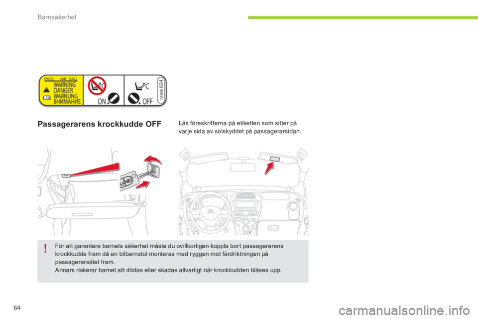 CITROEN C-ZERO 2014 InstruktionsbÖcker (in Swedish) Barnsäkerhet
64
Passagerarens krockkudde OFF
Läs föreskrifterna på etiketten som sitter på
varje sida av solskyddet på passagerarsidan.
För att garantera barnets säkerhet måste du o CITROEN C-ZERO 2014 InstruktionsbÖcker (in Swedish) Barnsäkerhet
64
Passagerarens krockkudde OFF
Läs föreskrifterna på etiketten som sitter på
varje sida av solskyddet på passagerarsidan.
För att garantera barnets säkerhet måste du o