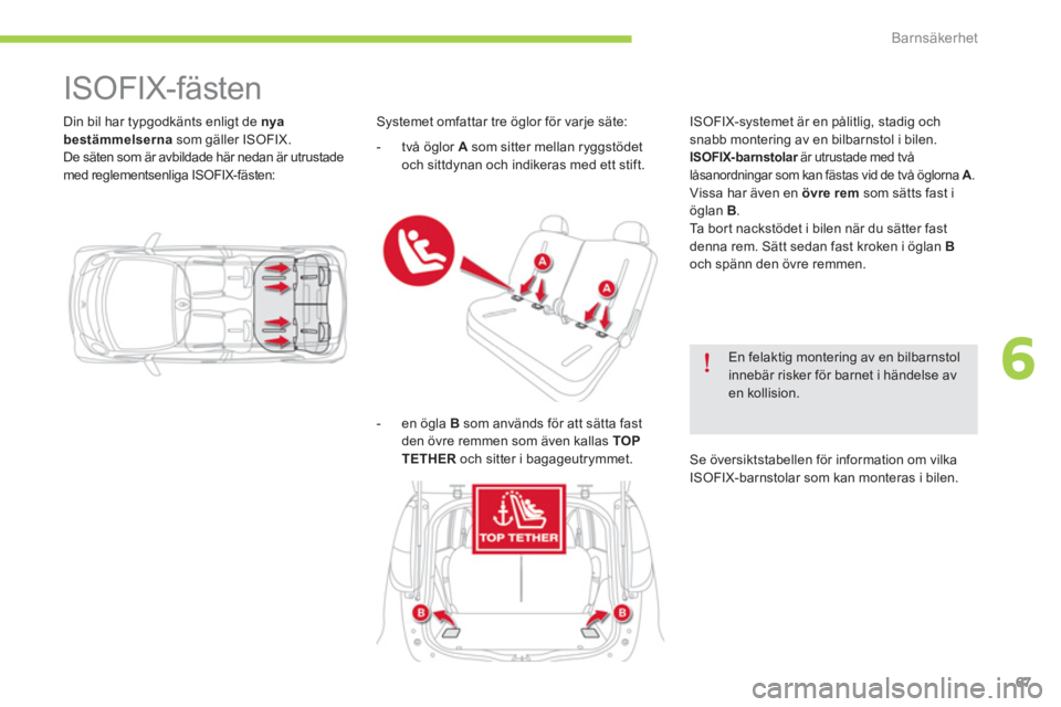 CITROEN C-ZERO 2014 InstruktionsbÖcker (in Swedish) 6
Barnsäkerhet
67
Din bil har typgodkänts enligt de nya bestämmelserna
som gäller ISOFIX.
De säten som är avbildade här nedan är utrustade med reglementsenliga ISOFIX-fästen:
CITROEN C-ZERO 2014 InstruktionsbÖcker (in Swedish) 6
Barnsäkerhet
67
Din bil har typgodkänts enligt de nya bestämmelserna
som gäller ISOFIX.
De säten som är avbildade här nedan är utrustade med reglementsenliga ISOFIX-fästen: