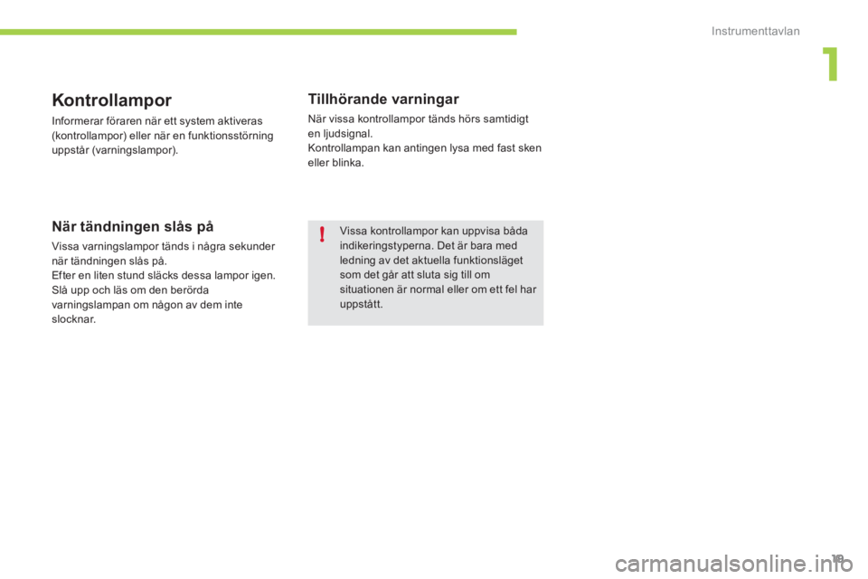 CITROEN C-ZERO 2012  InstruktionsbÖcker (in Swedish) 1
!
Instrumenttavlan
19
   
 
 
 
 
 
 
 
 
Kontrollampor 
 
Informerar föraren när ett system aktiveras 
(kontrollampor) eller när en funktionsstörning 
uppstår (varningslampor). 
   
När tänd