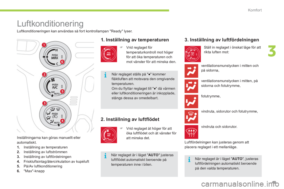 CITROEN C-ZERO 2012  InstruktionsbÖcker (in Swedish) 3
i
ii
Komfor t
49
  Luftkonditionering 
 
 
Luftkonditioneringen kan användas så fort kontrollampan "Ready" lyser. 
 
 
 
 
 
 
 
 
 
 
 
 
 
 
 
 
 
 
1. Inställning av temperaturen 
 
 
 
�) 
  