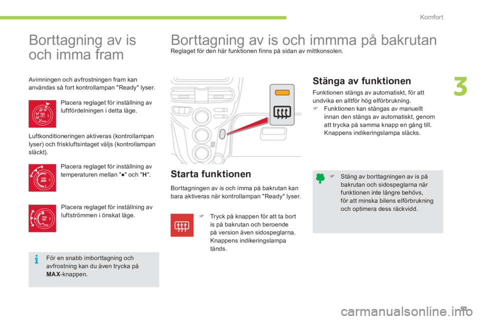 CITROEN C-ZERO 2012  InstruktionsbÖcker (in Swedish) 3
i
Komfor t
51
   
 
�) 
  Stäng av bor ttagningen av is på 
bakrutan och sidospeglarna när 
funktionen inte längre behövs,
för att minska bilens elförbrukning 
och optimera dess räckvidd.  
