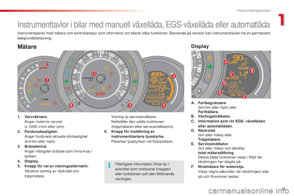 CITROEN C3 2015  InstruktionsbÖcker (in Swedish) 11
C3_sv_Chap01_Controle-de-marche_ed01-2014
Instrumenttavlor i bilar med manuell växellåda, EGs-växellåda eller automatlåda
Instrumentpanel med mätare och kontrollampor som informerar om bilens