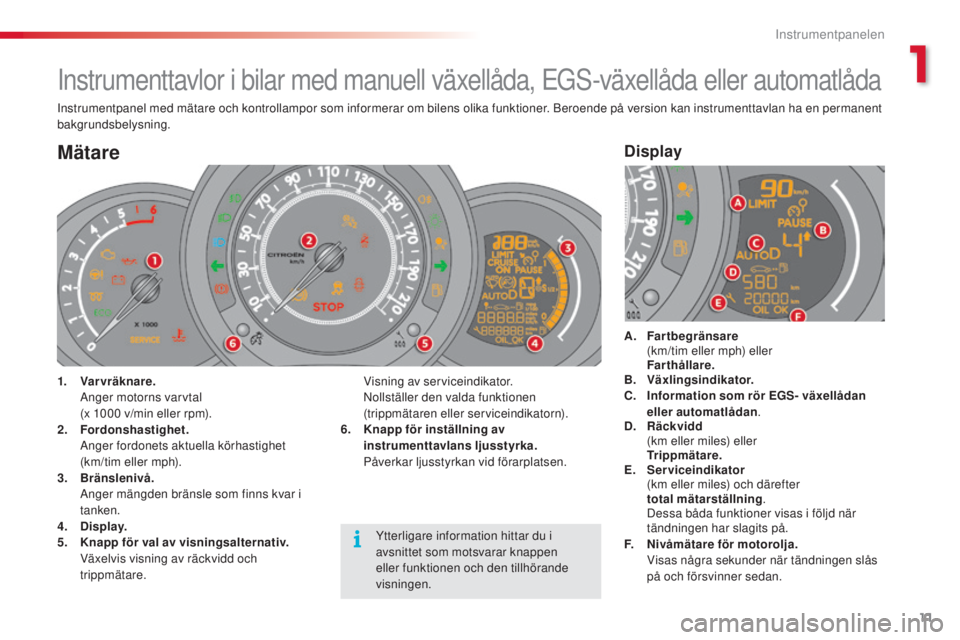 CITROEN C3 2015 InstruktionsbÖcker (in Swedish) 11
C3_sv_Chap01_Controle-de-marche_ed01-2014
Instrumenttavlor i bilar med manuell växellåda, EGs-växellåda eller automatlåda
Instrumentpanel med mätare och kontrollampor som informerar om bilens CITROEN C3 2015 InstruktionsbÖcker (in Swedish) 11
C3_sv_Chap01_Controle-de-marche_ed01-2014
Instrumenttavlor i bilar med manuell växellåda, EGs-växellåda eller automatlåda
Instrumentpanel med mätare och kontrollampor som informerar om bilens