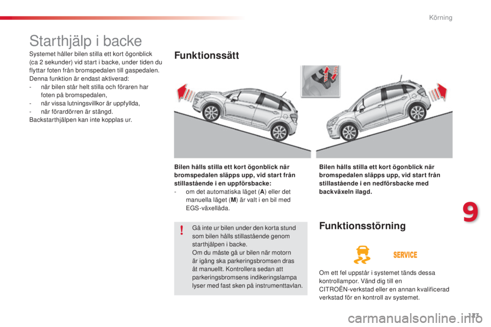 CITROEN C3 2015  InstruktionsbÖcker (in Swedish) 123
C3_sv_Chap09_Conduite_ed01-2014
starthjälp i backe
systemet håller bilen stilla ett kort ögonblick 
(ca 2  sekunder) vid start i backe, under tiden du 
flyttar foten från bromspedalen till gas