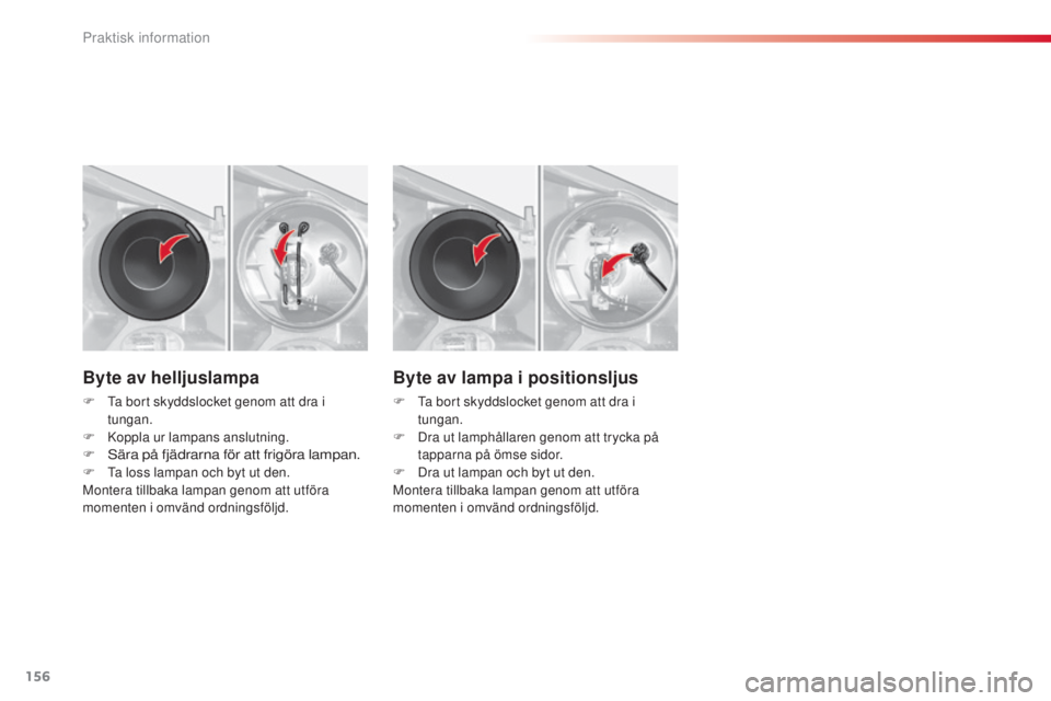 CITROEN C3 2015 InstruktionsbÖcker (in Swedish) 156
C3_sv_Chap11_Info-pratiques_ed01-2014
Byte av helljuslampa
F ta bort skyddslocket genom att dra i tungan.
F
k
o
ppla ur lampans anslutning.
F
sära på fjädrarna för att frigöra lampan.F CITROEN C3 2015 InstruktionsbÖcker (in Swedish) 156
C3_sv_Chap11_Info-pratiques_ed01-2014
Byte av helljuslampa
F ta bort skyddslocket genom att dra i tungan.
F
k
o
ppla ur lampans anslutning.
F
sära på fjädrarna för att frigöra lampan.F