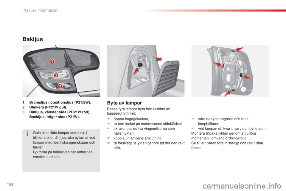 CITROEN C3 2015 InstruktionsbÖcker (in Swedish) 158
C3_sv_Chap11_Info-pratiques_ed01-2014
Bakljus
1. Bromsljus / positionsljus (P21/5W ).
2. B linkers (PY21W gul) .
3.
D
imljus, vänster sida (PR 21W röd).
B
ackljus, höger sida (P21W).Byt CITROEN C3 2015 InstruktionsbÖcker (in Swedish) 158
C3_sv_Chap11_Info-pratiques_ed01-2014
Bakljus
1. Bromsljus / positionsljus (P21/5W ).
2. B linkers (PY21W gul) .
3.
D
imljus, vänster sida (PR 21W röd).
B
ackljus, höger sida (P21W).Byt