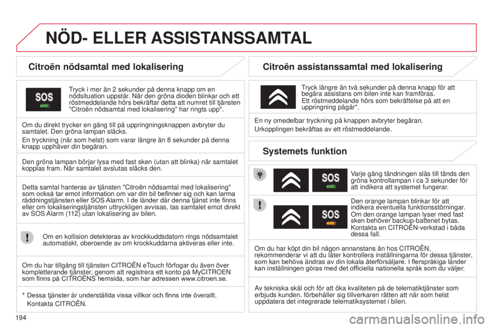 CITROEN C3 2015  InstruktionsbÖcker (in Swedish) 194
C3_sv_Chap13a_btA_ed01-2014
NÖD- ELLER ASSIST ANSSAMTAL
Citroën nödsamtal med lokalisering
tryck i mer än 2  sekunder på denna knapp om en 
nödsituation uppstår.  n är den gröna dioden bl