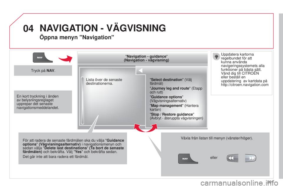 CITROEN C3 2015 InstruktionsbÖcker (in Swedish) 04
201
C3_sv_Chap13b_rt6-2-8_ed01-2014
Lista över de senaste
destinationerna."Navigation - guidance
"
(Navigation - vägvisning)
För att radera de senaste färdmålen ska du välja "Gu CITROEN C3 2015 InstruktionsbÖcker (in Swedish) 04
201
C3_sv_Chap13b_rt6-2-8_ed01-2014
Lista över de senaste
destinationerna."Navigation - guidance
"
(Navigation - vägvisning)
För att radera de senaste färdmålen ska du välja "Gu