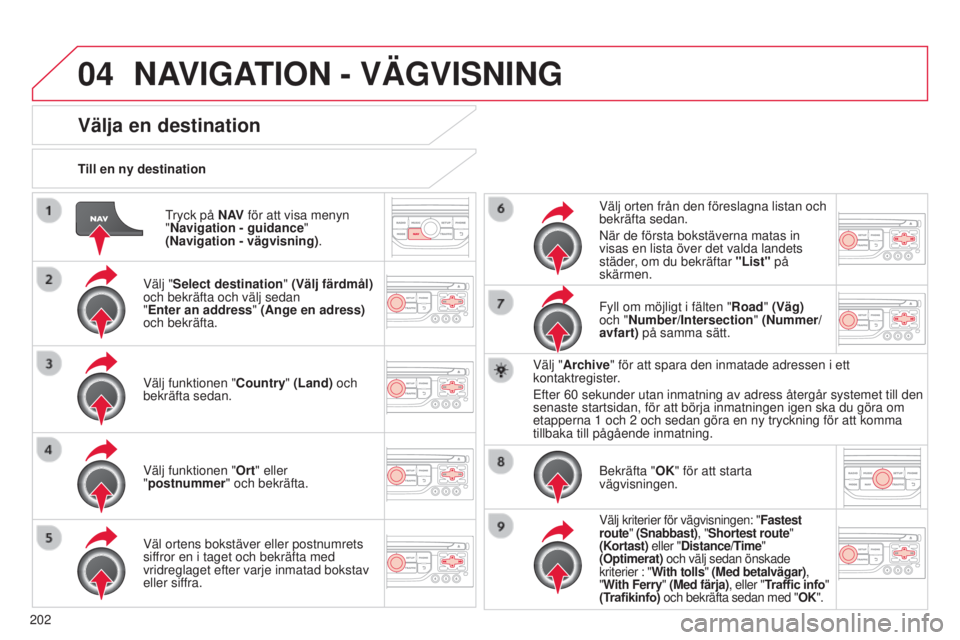 CITROEN C3 2015  InstruktionsbÖcker (in Swedish) 04
202
C3_sv_Chap13b_rt6-2-8_ed01-2014
tryck på N AV för att visa menyn 
"Navigation - guidance " 
(Navigation - vägvisning) .
Till en ny destination
Välja en destination
Välj "Select