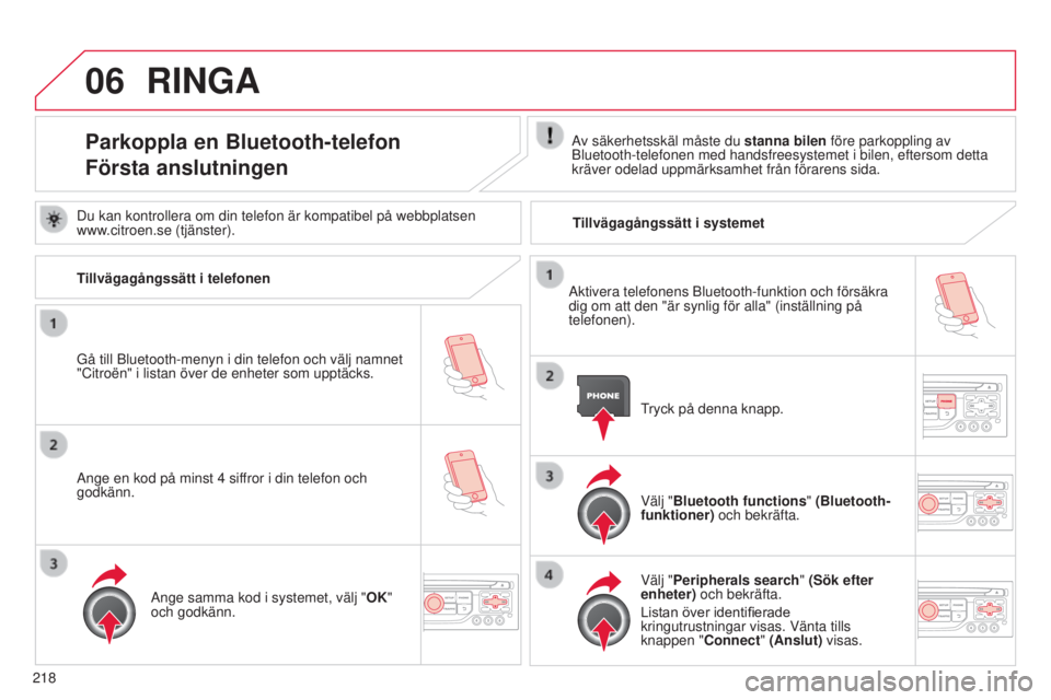 CITROEN C3 2015  InstruktionsbÖcker (in Swedish) 06
218
C3_sv_Chap13b_rt6-2-8_ed01-2014
RINGA
Parkoppla en Bluetooth-telefon
Första anslutningenAv säkerhetsskäl måste du stanna bilen före parkoppling av b
luetooth-telefonen med handsfreesysteme