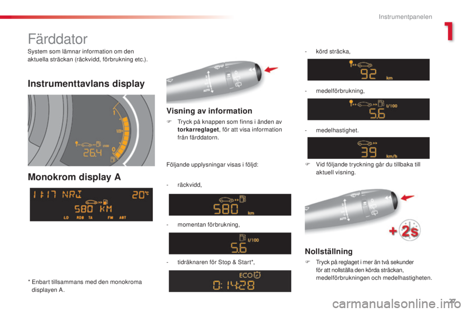 CITROEN C3 2015  InstruktionsbÖcker (in Swedish) 27
C3_sv_Chap01_Controle-de-marche_ed01-2014
Instrumenttavlans display
Monokrom display A
Visning av information
F  tryck på knappen som finns i änden av torkarreglaget , för att visa information 
