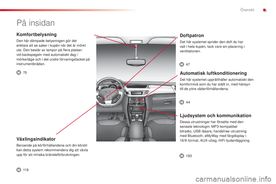 CITROEN C3 2015  InstruktionsbÖcker (in Swedish) 5
C3_sv_Chap00b_vue-ensemble_ed01-2014
Komfortbelysning
Den här dämpade belysningen gör det 
enklare att se saker i kupén när det är mörkt 
ute. Den består av lampor på flera platser: 
vid ba