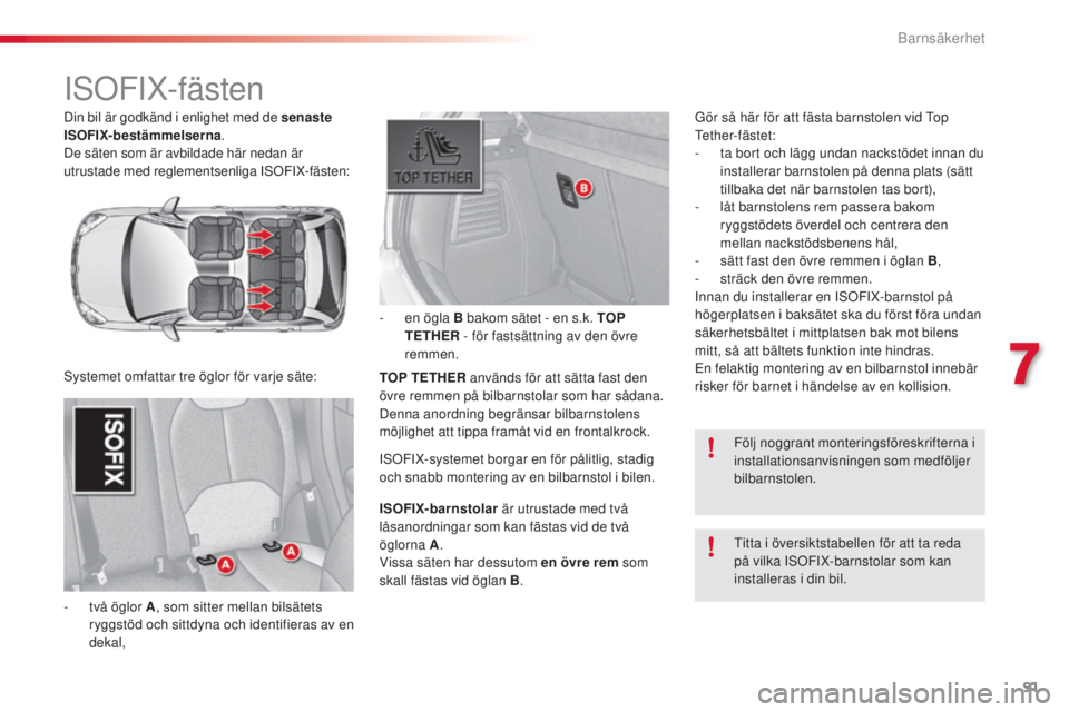 CITROEN C3 2015  InstruktionsbÖcker (in Swedish) 91
C3_sv_Chap07_securite-enfants_ed01-2014
Din bil är godkänd i enlighet med de senaste 
ISOFIX-bestämmelserna .
De säten som är avbildade här nedan är 
utrustade med reglementsenliga I
s

o
F
