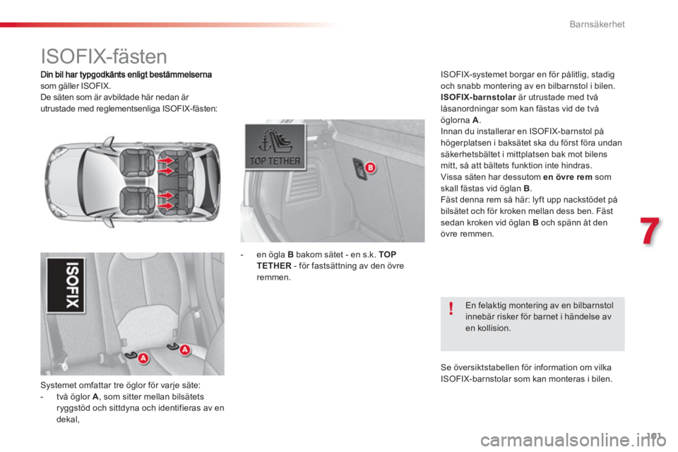 CITROEN C3 2014 InstruktionsbÖcker (in Swedish) 7
Barnsäkerhet
101
som gäller ISOFIX.
De säten som är avbildade här nedan är
utrustade med reglementsenliga ISOFIX-fästen:
S
ystemet omfattar tre öglor för varje säte:
- två ö CITROEN C3 2014 InstruktionsbÖcker (in Swedish) 7
Barnsäkerhet
101
som gäller ISOFIX.
De säten som är avbildade här nedan är
utrustade med reglementsenliga ISOFIX-fästen:
S
ystemet omfattar tre öglor för varje säte:
- två ö